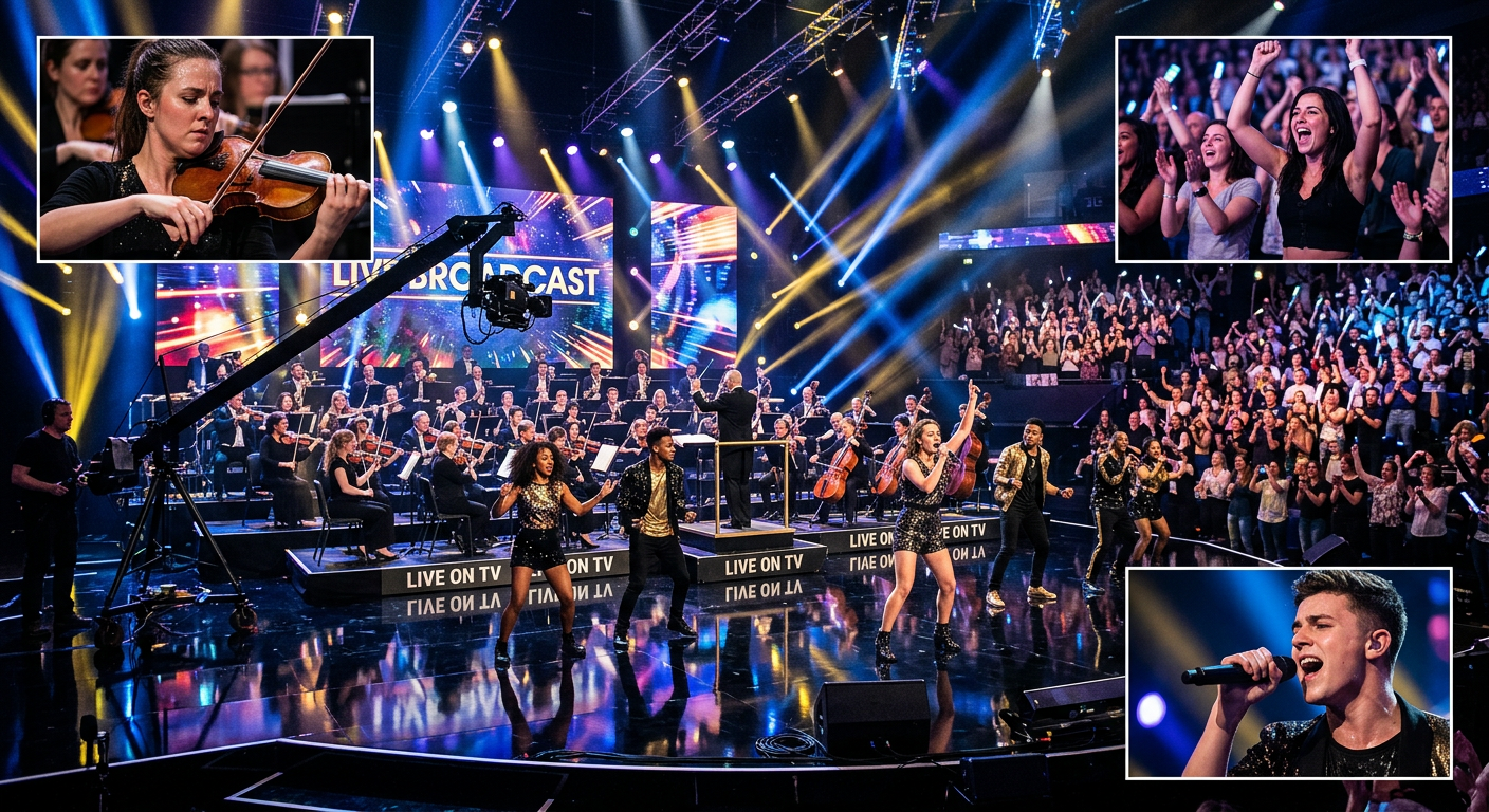 Live broadcast performance with orchestra and audience